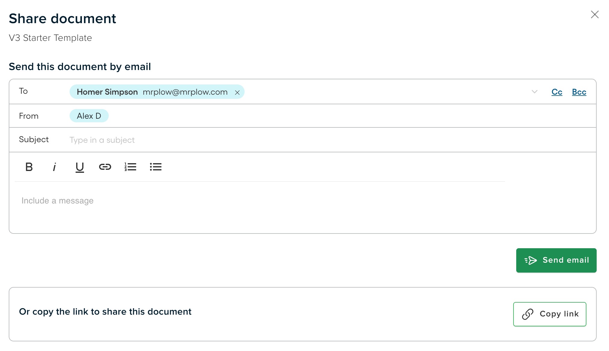 Share panel showing proposal details, subject line and message fields