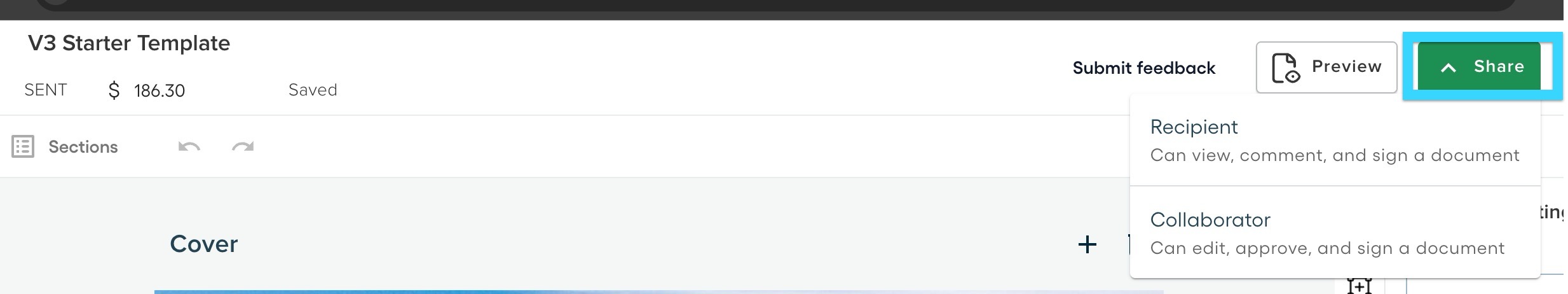 Share options menu showing recipient and collaborator choices