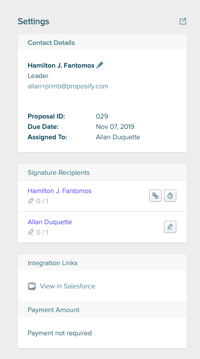 A screenshot of the Settings pane. A table with four rows, contact details, signature recipients, integration links, and payment amount