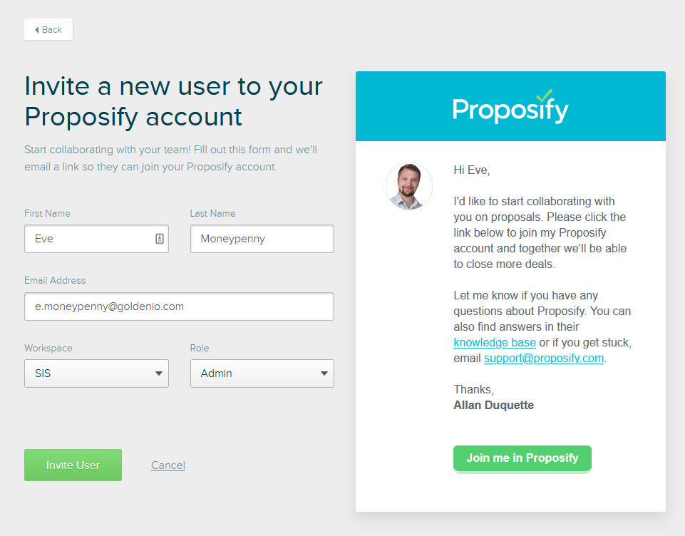Screenshot of the invite page. Information for the invitee is filled out on the left. A preview of the email is on the right.