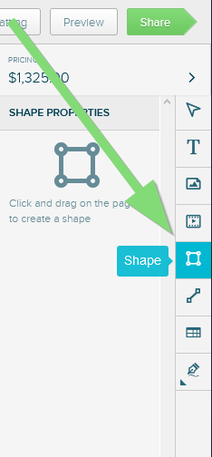 a screenshot of the right-hand toolbar, with 'shape' highlighted. An arrow points to that tool.