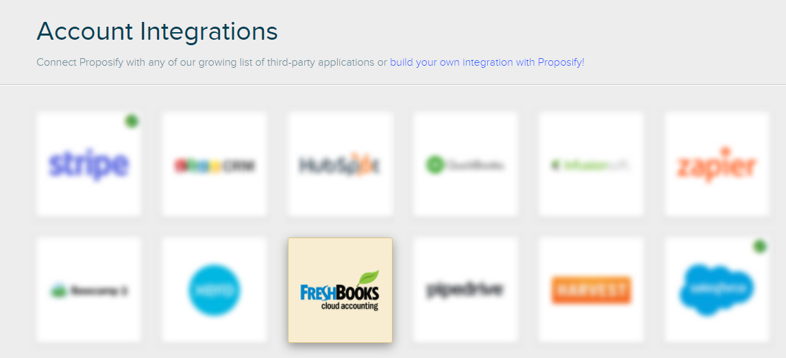 The Integrations page, with all entries blurred except freshbooks, which is highlighted.