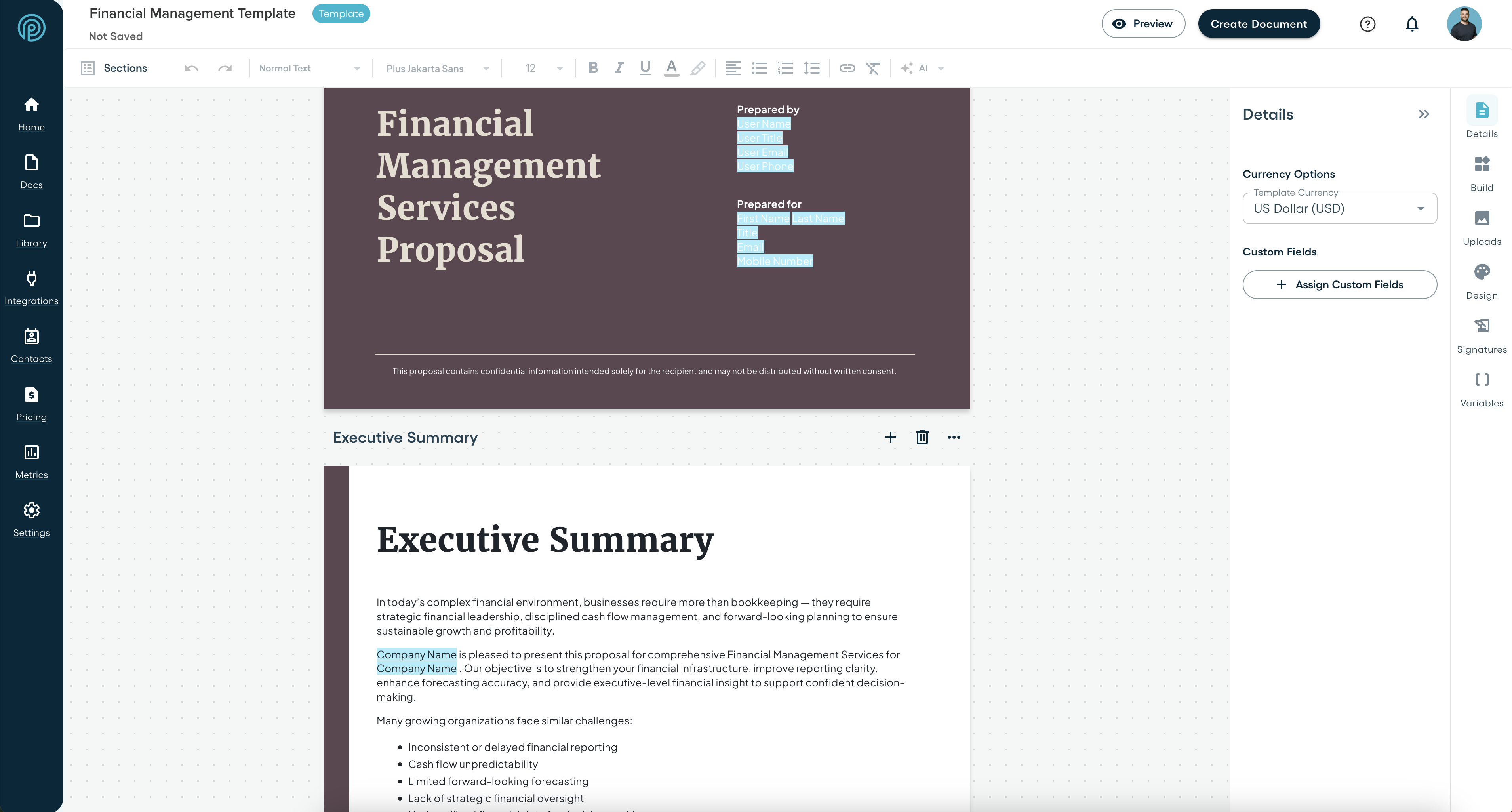 Proposify template editor